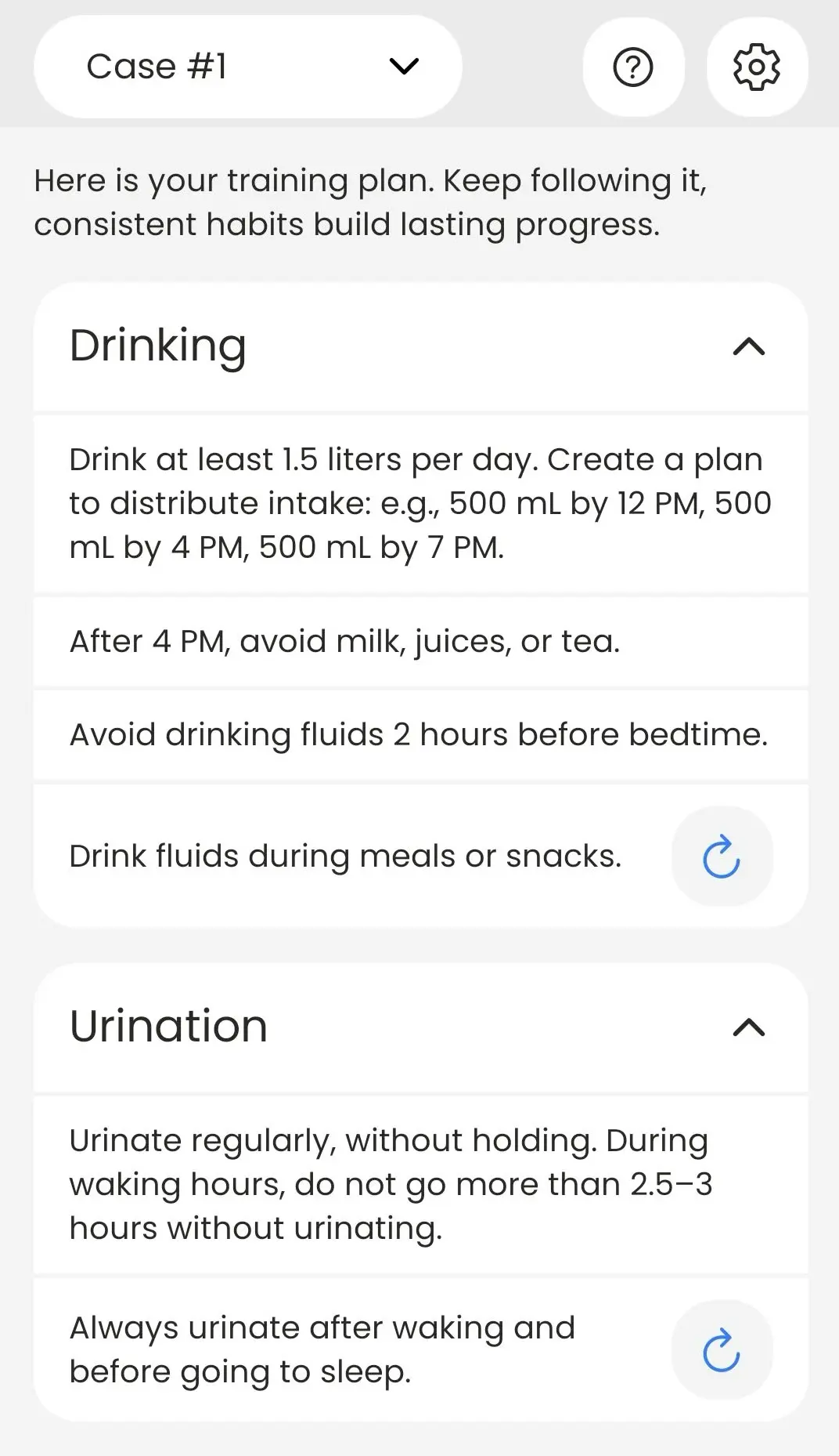 BeDRY Coach plan recommending at least 1.5 litres a day split into 500 ml portions by noon, 4 PM and 7 PM, avoiding milk, juice and tea after 4 PM, and urinating after waking and before sleep