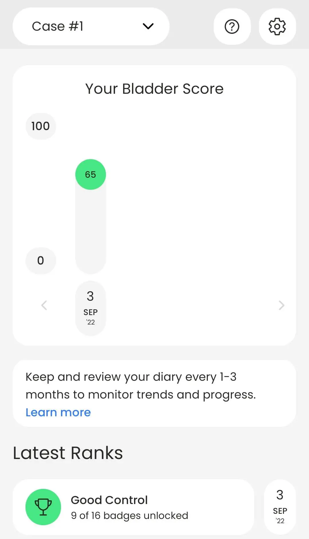 BeDRY Trends screen showing a single Bladder Score of 65 recorded in September and a prompt to review the diary every one to three months