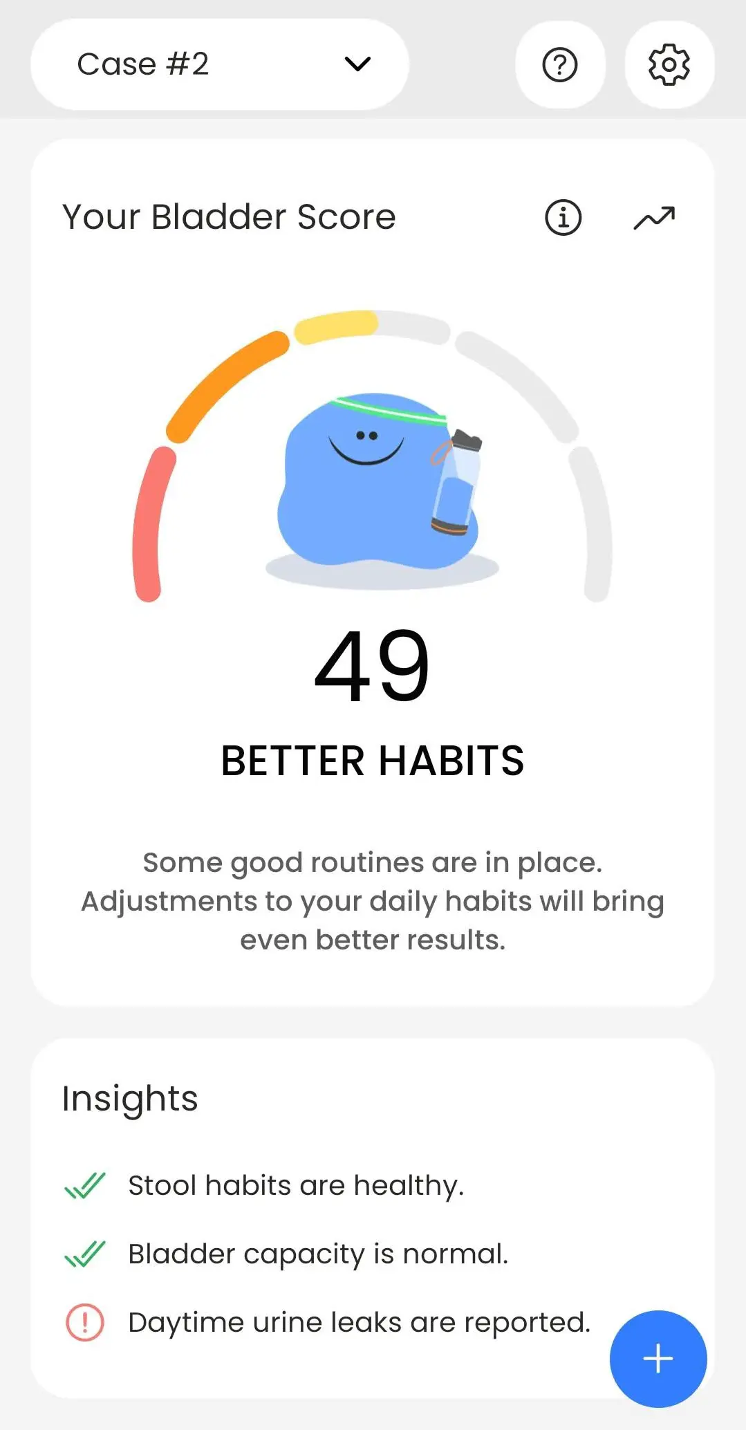 BeDRY Checkpoint screen showing Your Bladder Score of 49 labelled Better Habits, with insights noting healthy stool habits, normal bladder capacity and reported daytime urine leaks
