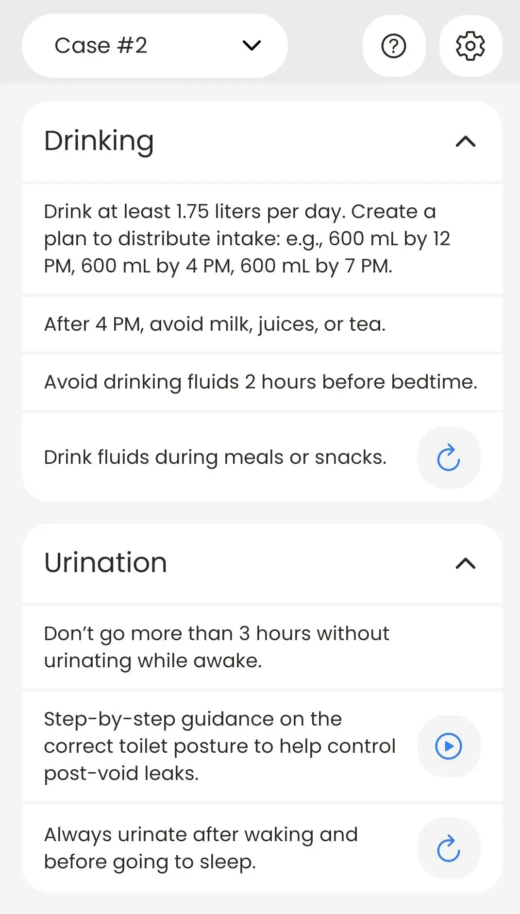 BeDRY Coach plan recommending at least 1.75 litres a day in three portions, avoiding milk, juice and tea after 4 PM, not going more than 3 hours without urinating, and step-by-step guidance on correct toilet posture