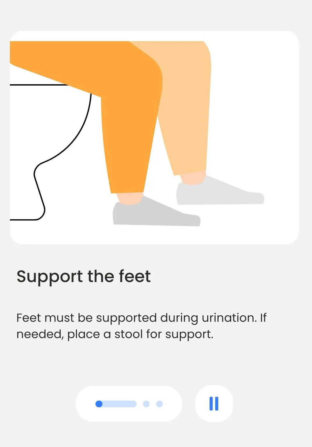 BeDRY video guidance frame titled Support the feet, showing a child seated on a toilet with feet resting on a stool