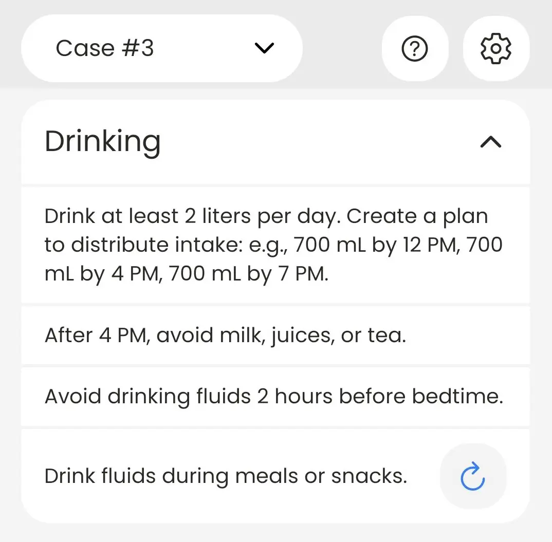 BeDRY Coach drinking plan recommending at least 2 litres a day split as 700 ml by noon, 700 ml by 4 PM and 700 ml by 7 PM, avoiding milk, juice and tea after 4 PM