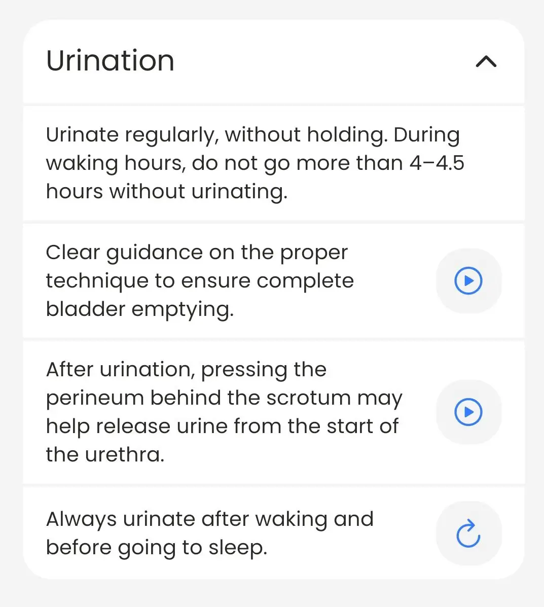 BeDRY Coach urination plan advising not to exceed 4 to 4.5 hours between voids, with video guidance on complete bladder emptying and on pressing the perineum after urination