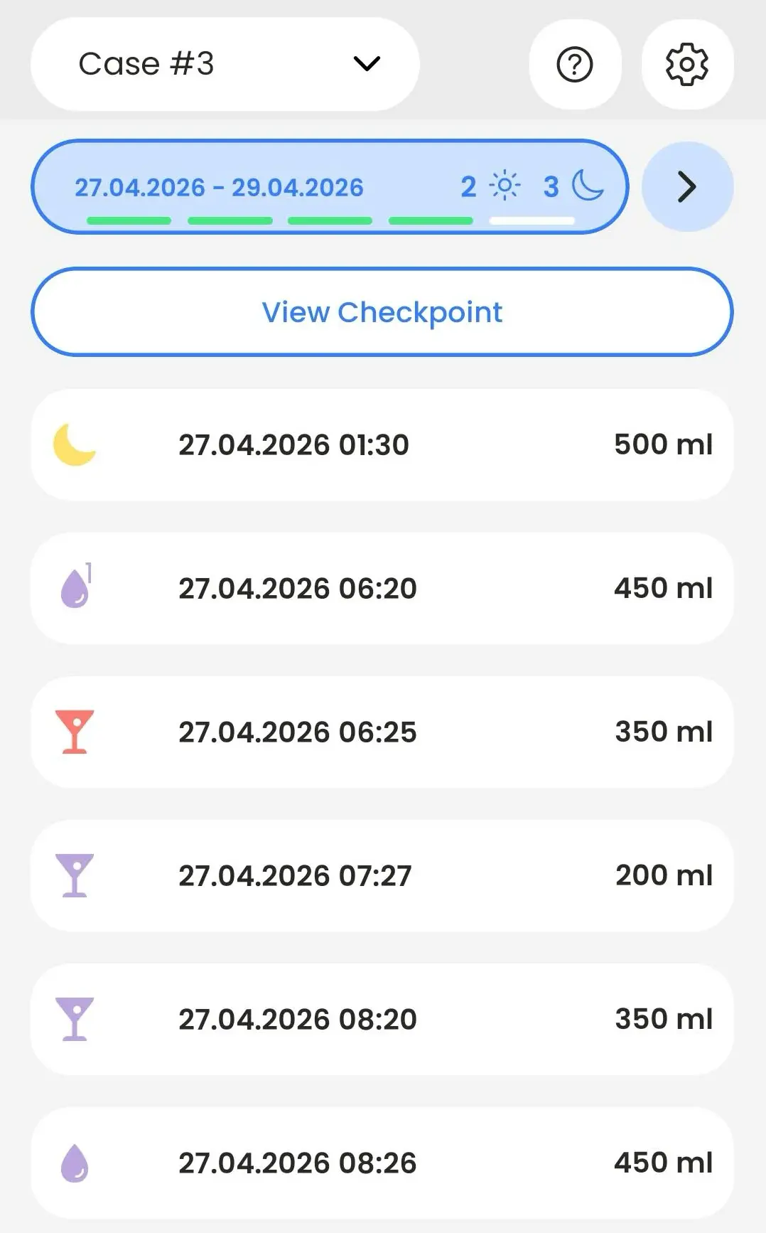 BeDRY diary entries for April showing a 500 ml night-time void at 01:30, a 450 ml first morning void and large daytime drinks