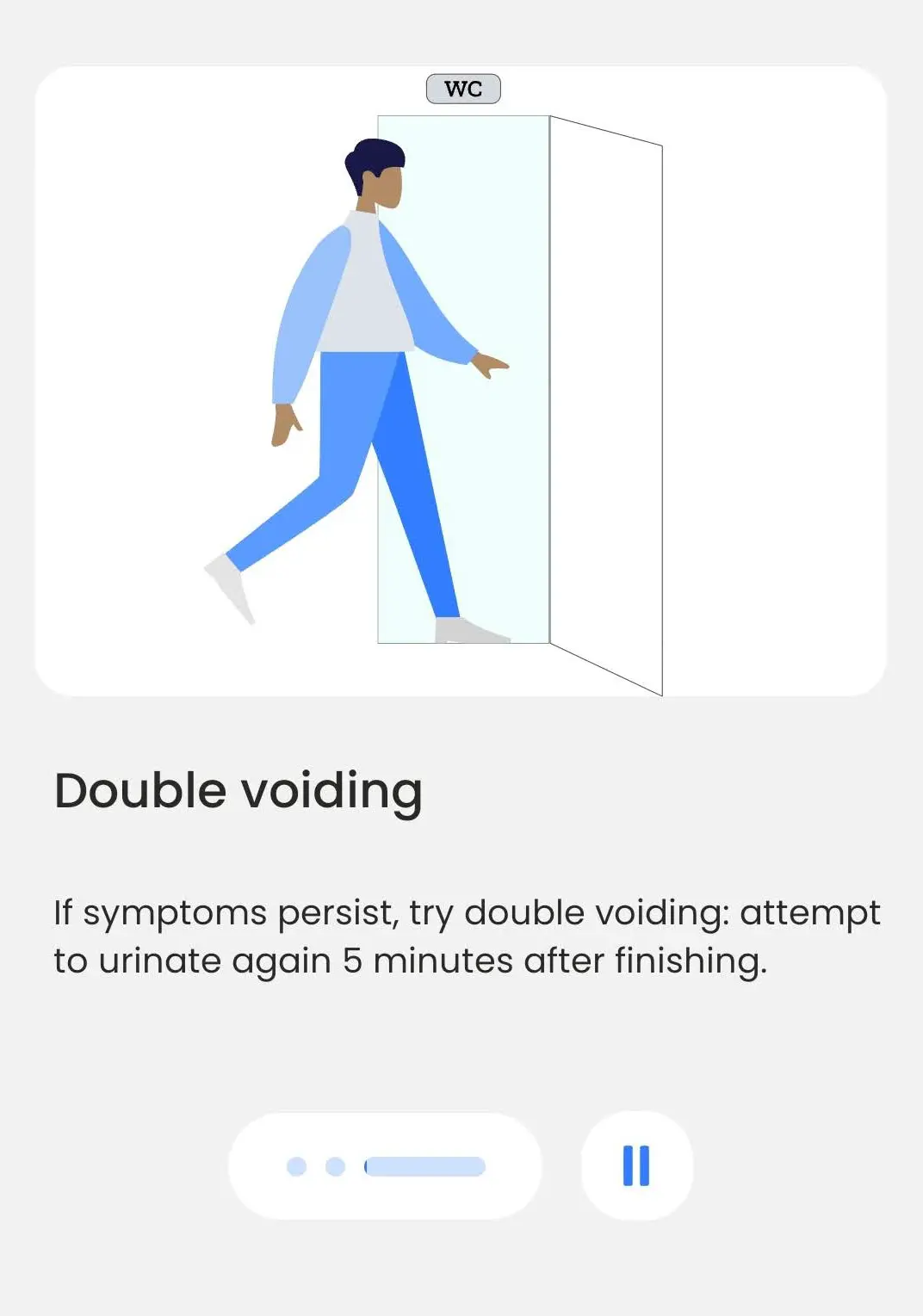 BeDRY video guidance frame titled Double voiding, advising a second attempt to urinate five minutes after finishing