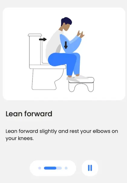 Still from a Coach video guide showing a child sitting on the toilet leaning slightly forward