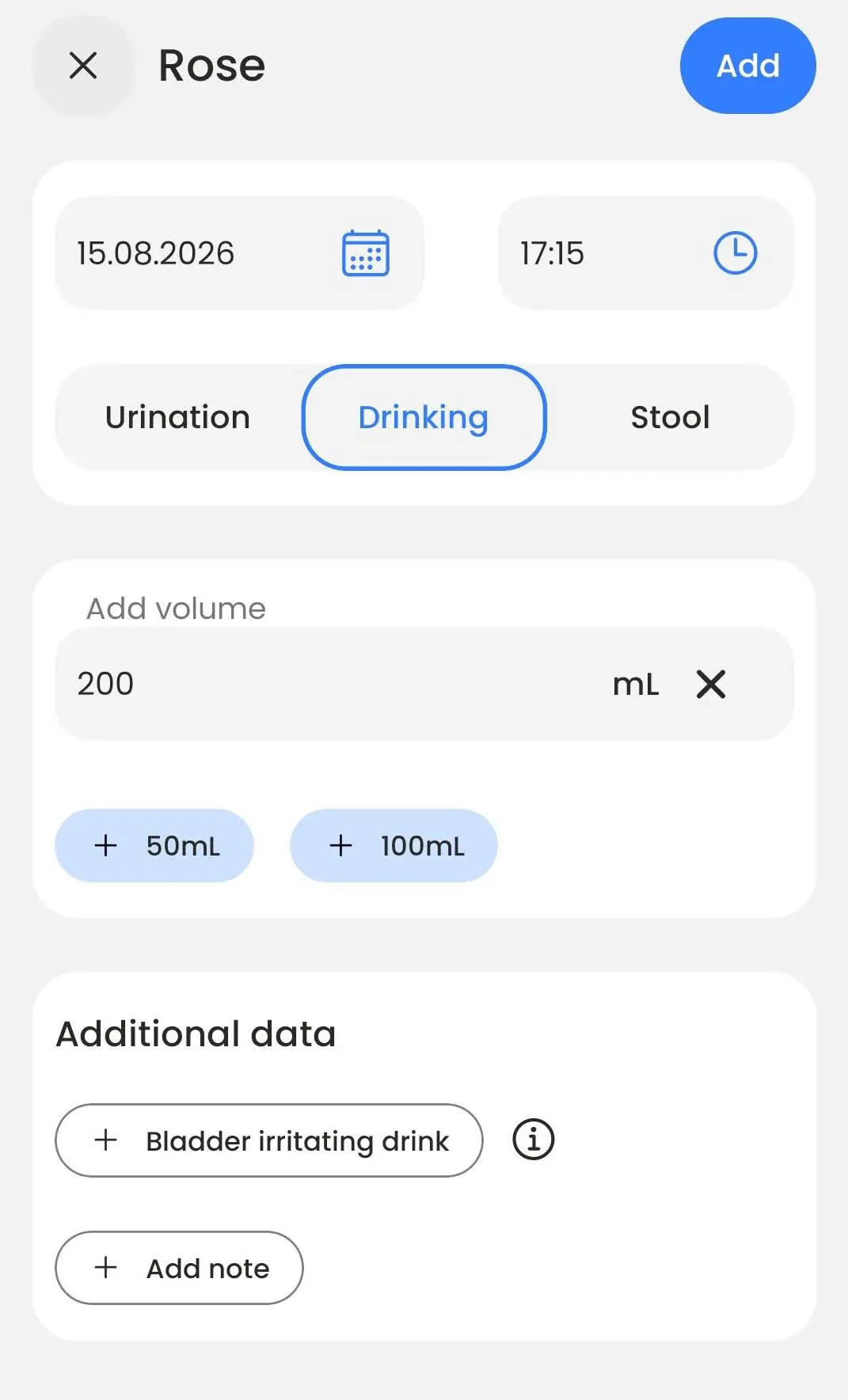 BeDRY drinking entry screen with a volume field in millilitres and the option to mark a bladder irritating drink