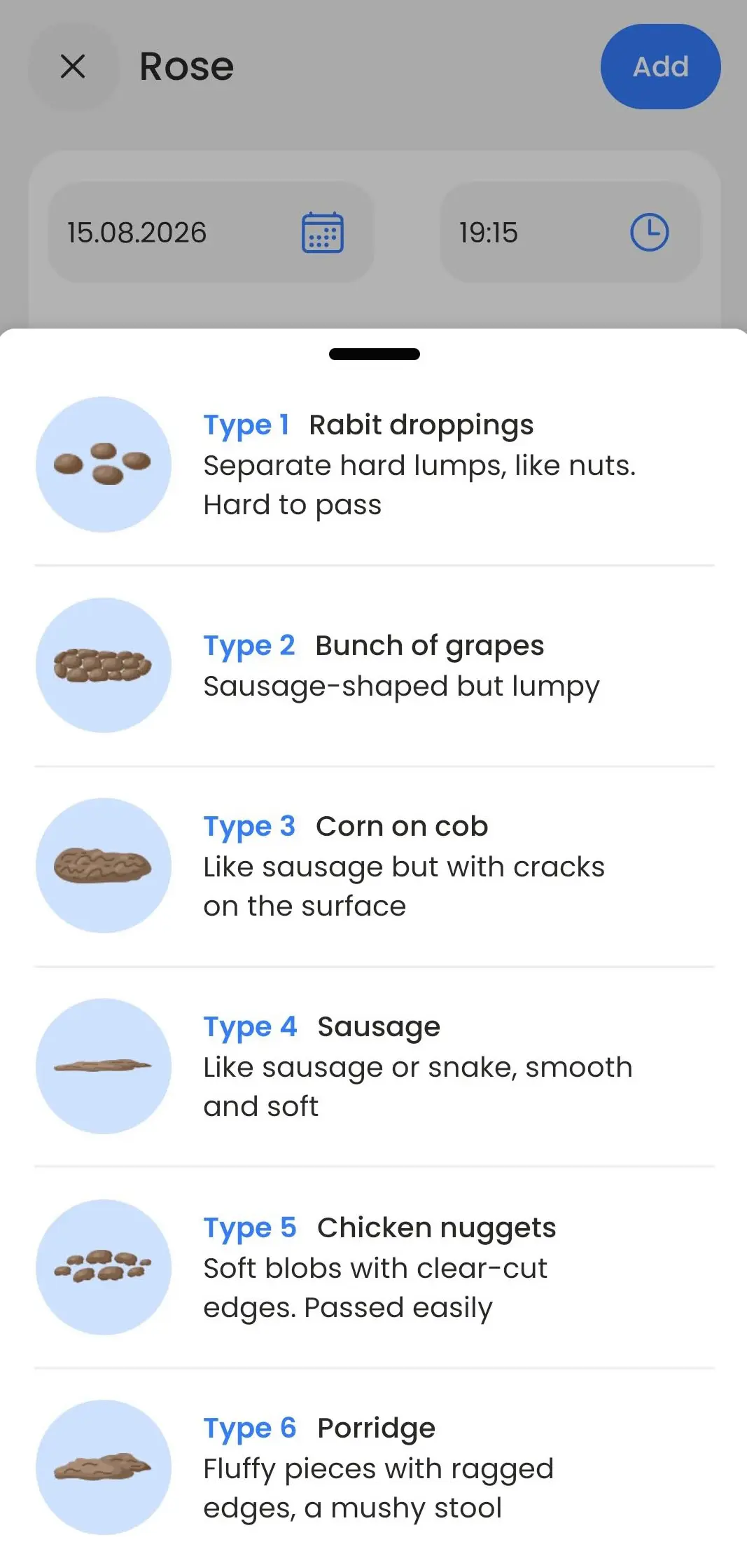 BeDRY Bristol stool scale picker showing types 1 to 6 with illustrations and plain descriptions