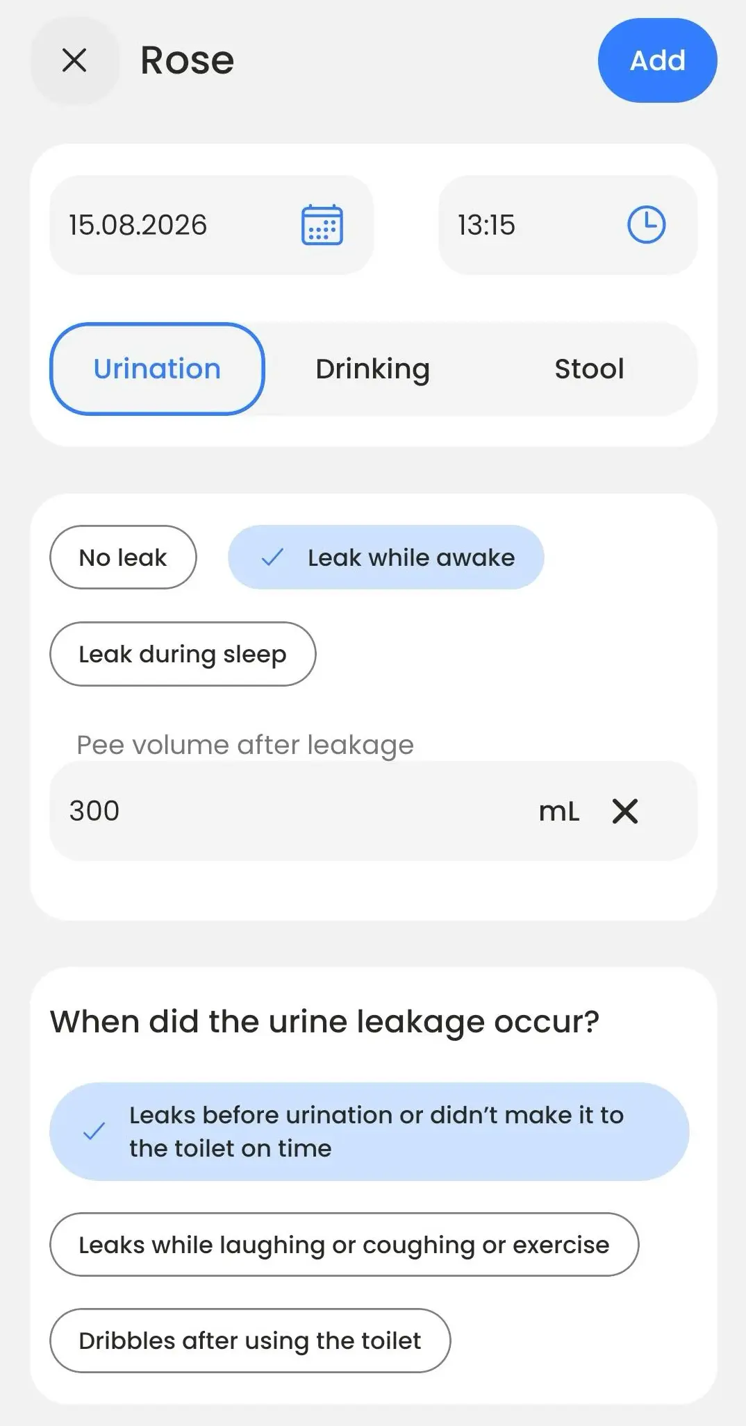 BeDRY entry screen asking when the urine leakage occurred, with options for not reaching the toilet in time, leaking while laughing or coughing, and dribbling after using the toilet