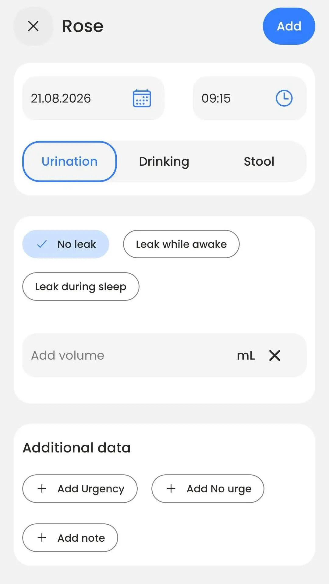 BeDRY entry screen with Urination, Drinking and Stool tabs, leak options and a volume field in millilitres