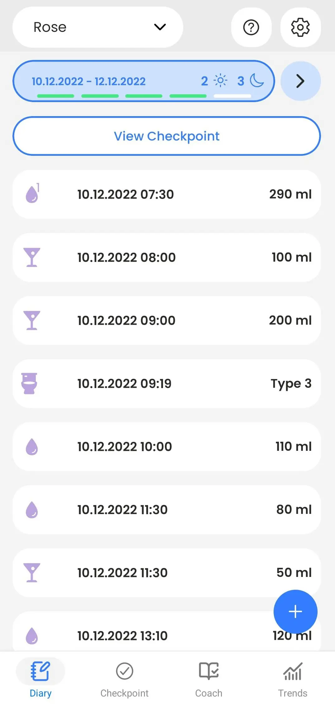 BeDRY diary screen listing timed drinks, urinations in millilitres and a Bristol stool entry across three days