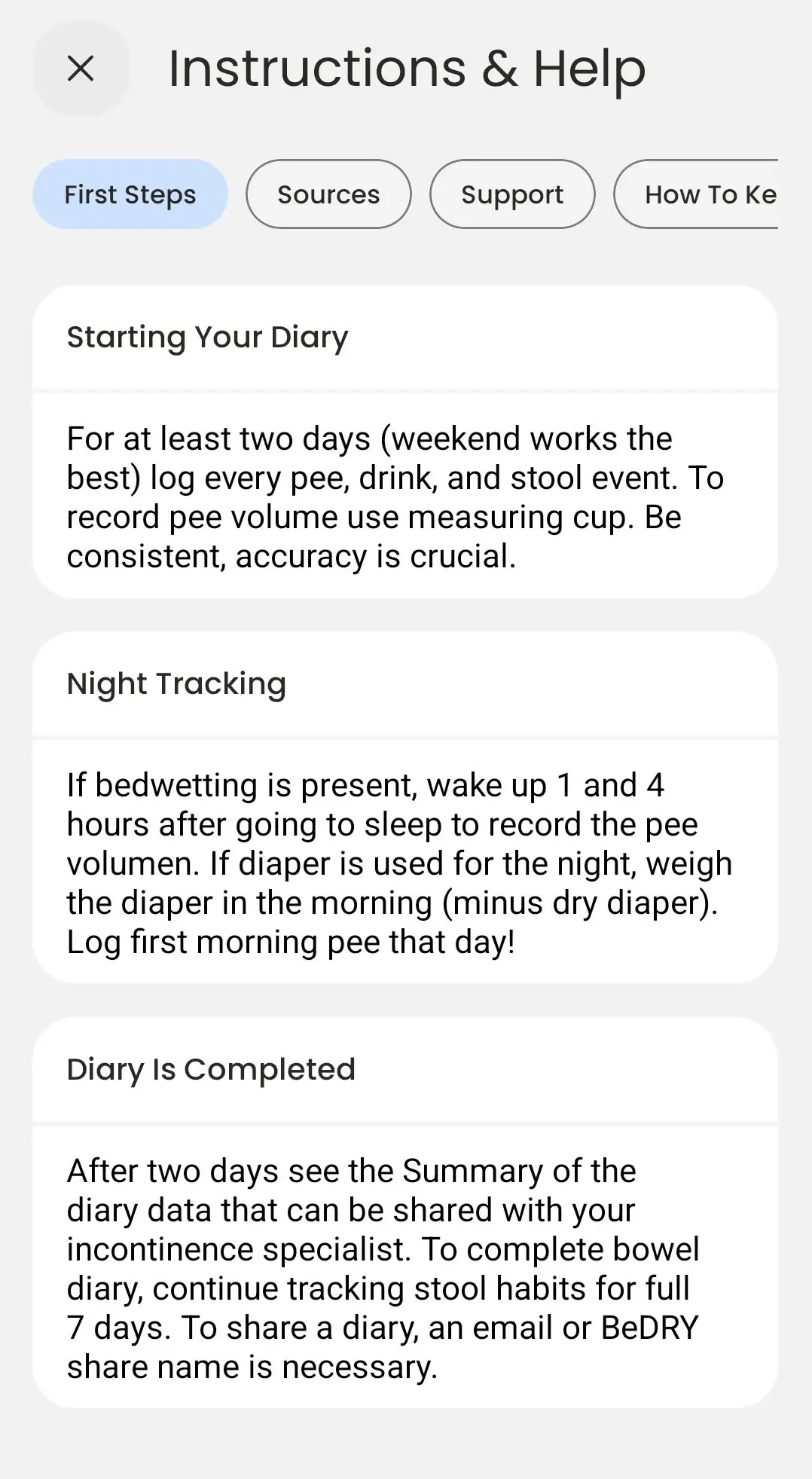 BeDRY Instructions and Help screen with First Steps, Sources and Support tabs, explaining how to start the diary and how to record the nights