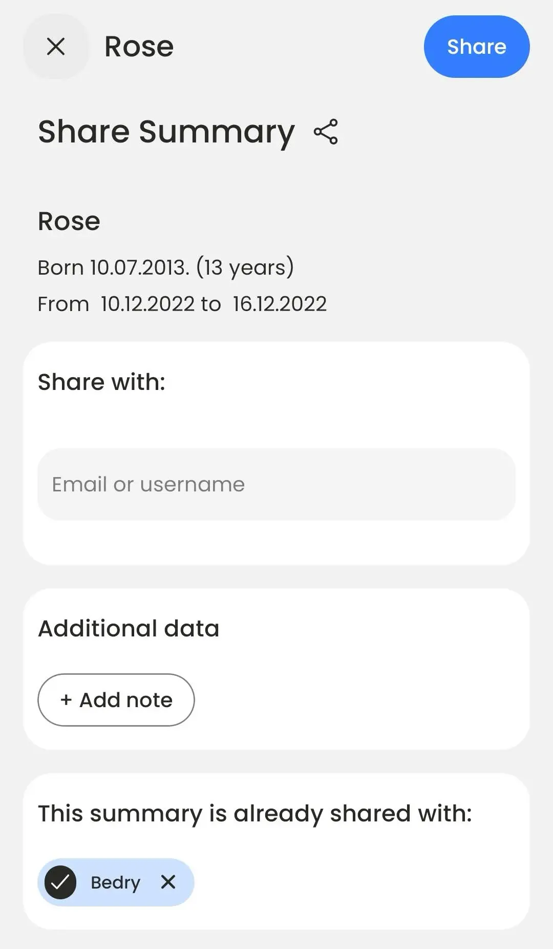 BeDRY share screen with a field for an email address or username and a list of people the summary is already shared with