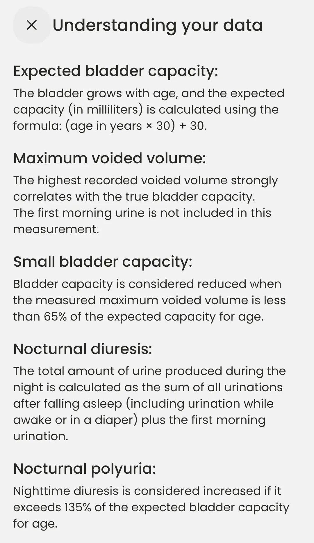 BeDRY Understanding your data screen explaining expected bladder capacity, maximum voided volume, small bladder capacity, nocturnal diuresis and nocturnal polyuria