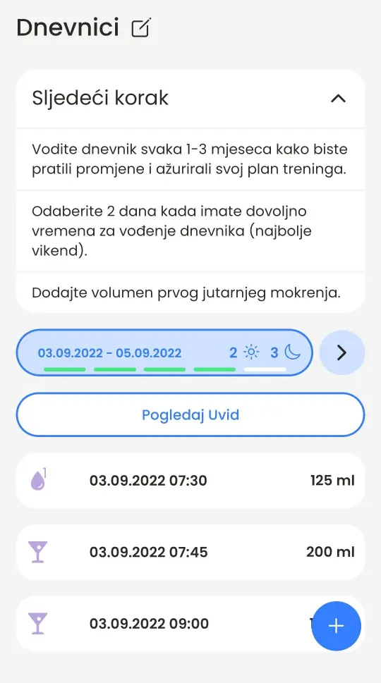 Popis BeDRY dnevnika s karticom Sljedeći korak i nedavnim unosima pijenja i mokrenja