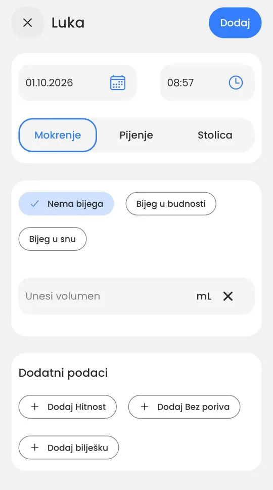 Obrazac za unos s karticama Mokrenje, Pijenje i Stolica te opcijama bijega mokraće