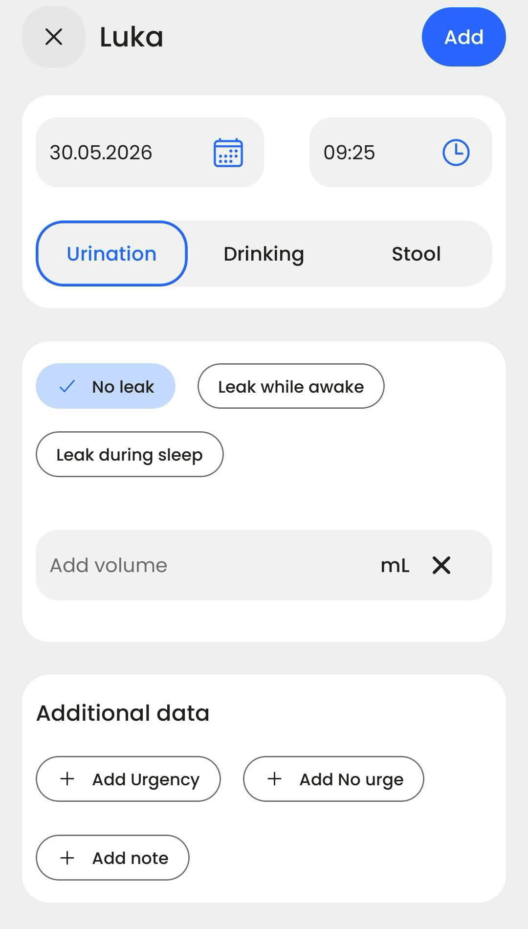 Add urination entry form with leak options