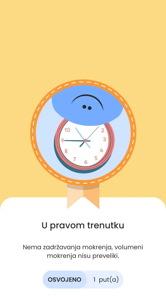 Bedž U pravom trenutku s ilustracijom Piška i sata