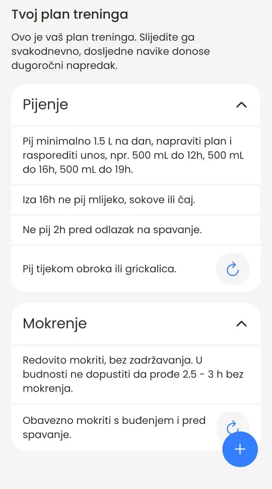 Zaslon Tvoj plan treninga s uputama za pijenje i mokrenje