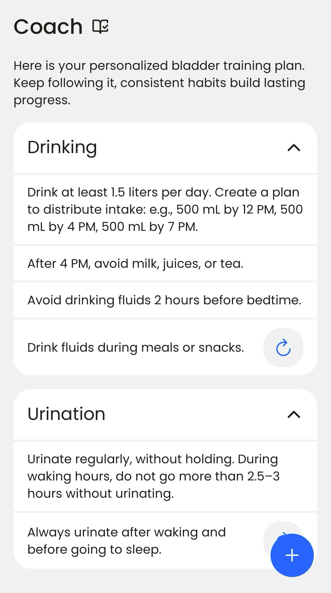 Coach personalized bladder training plan with drinking and urination schedule