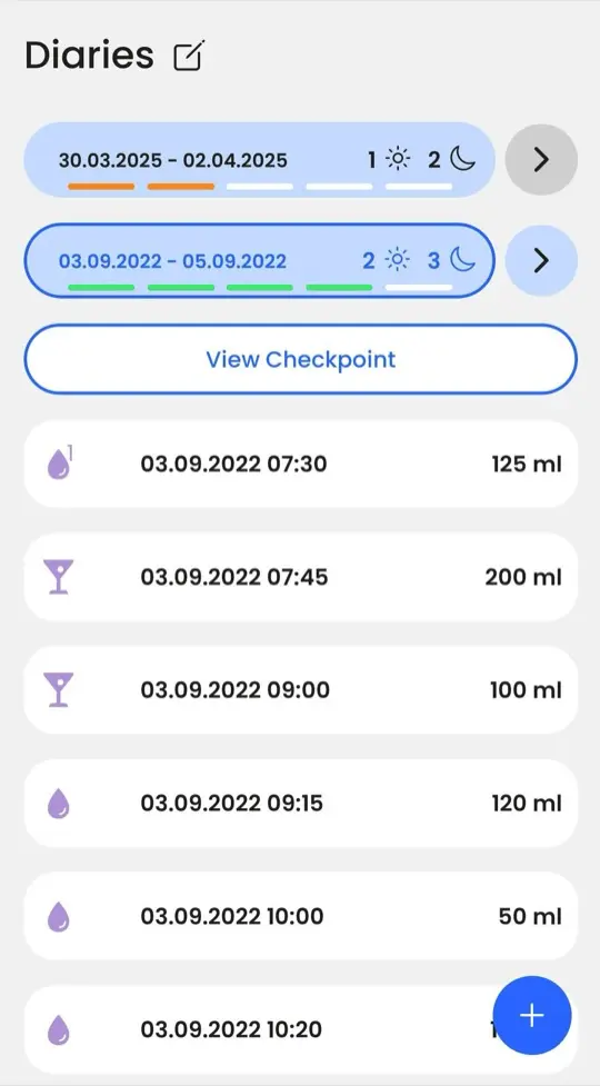 BeDRY diary screen showing recent diary sessions and entries
